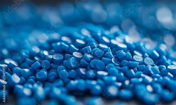 Fototapeta Close up view of many blue plastic polymer pellets used in manufacturing process