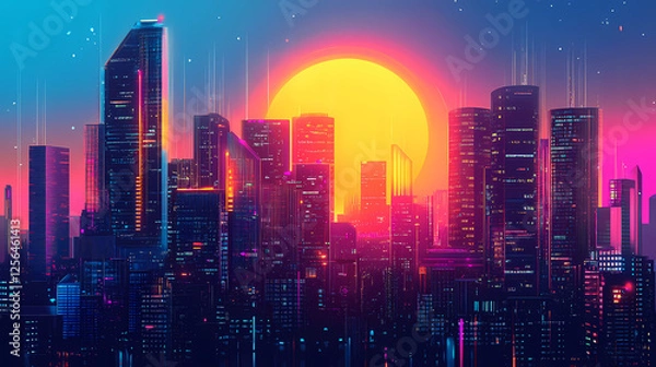 Fototapeta Digital sunset cityscape: a futuristic metropolis at golden hour. Golden Hour Cyberpunk. Illustration