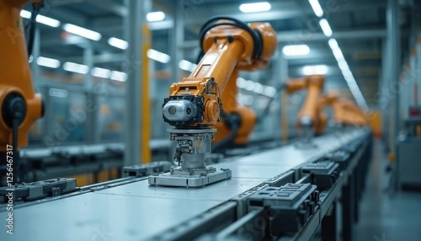Obraz Inside modern manufacturing facility robotic arms work on assembly line. Orange industrial robots assemble products, using advanced automation tech process with high efficiency. Streamlined