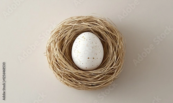 Fototapeta A white egg is sitting in a nest made of twigs
