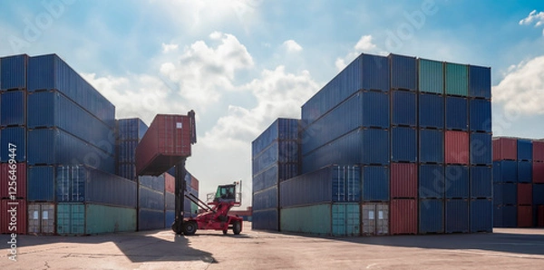 Fototapeta Stacked cargo freight containers for export and transportation at a crowded shipping port with trucks, cranes, and ships