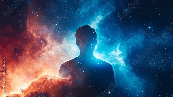 Fototapeta Starlit figure glowing with cosmic energy, floating in a galaxy of nebulae