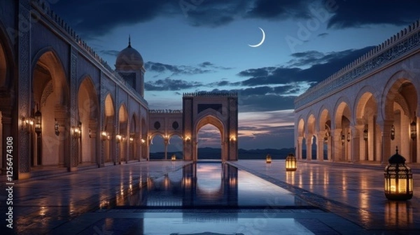 Fototapeta Stunning Architectural View of a Grand Mosque at Night Featuring Lanterns Reflecting on Water with a Crescent Moon in the Sky, Perfect for Eid Mubarak and Ramadan Kareem Celebration with Copy Space