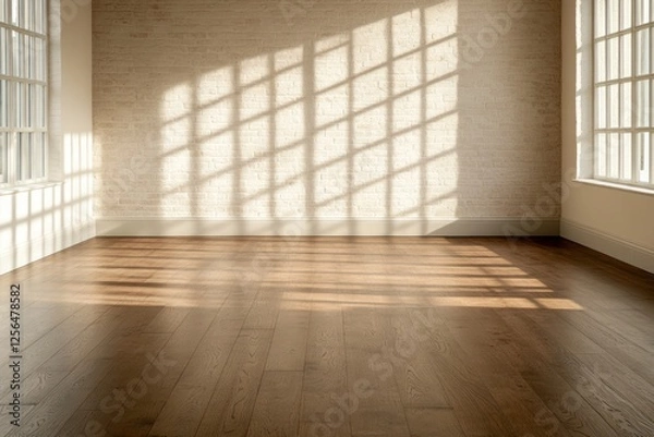 Obraz Rustic Charm: 3D Render of Room with Brick Wall and Wooden Floor as Interior Background