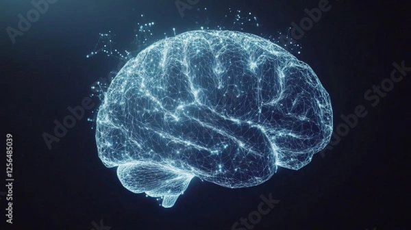 Obraz A hologram of the brain in the palms of your hands. The brain is in the hands of polygons, triangles of dots and lines. The brain is a low-poly compound structure. Technology concept vector.
