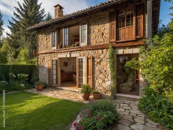Fototapeta Charming Country Home with Rustic Architecture and Landscaped Garden Under Sunny Skies