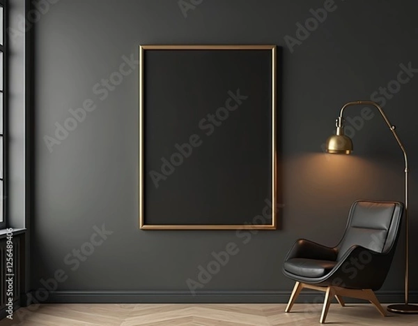 Fototapeta Illustration shows interior with gold frame mockup, black wall and modern armchair near lamp. Stylish minimal elegant home design, luxury decor, furniture for living room. Art element template.