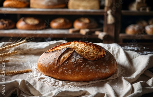 Obraz Warmes Holzofenbrot auf einem Leinentuch