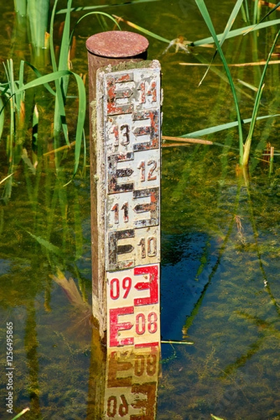 Obraz Graduated hydrometric mira for measuring the water depth in the lake
