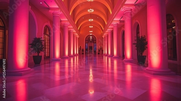 Fototapeta Elegant corridor with pink lighting and decorative columns, creating a vibrant ambiance