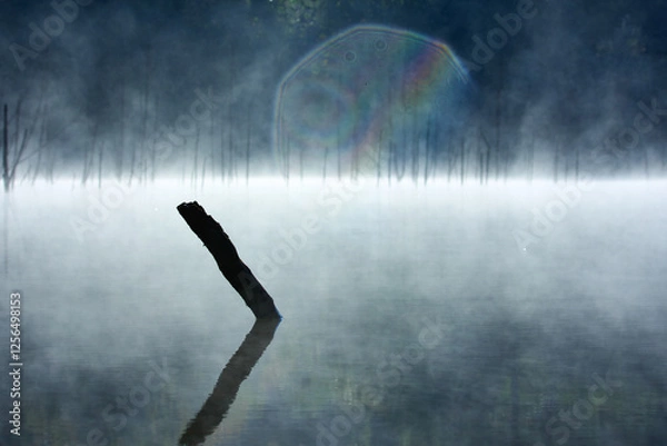Obraz Autumn landscape with fog and trees reflecting in the water on Cuejdel Lake