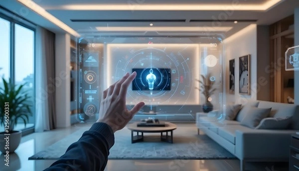 Fototapeta Interactive smart home technology modern living room digital interface contemporary design user engagement