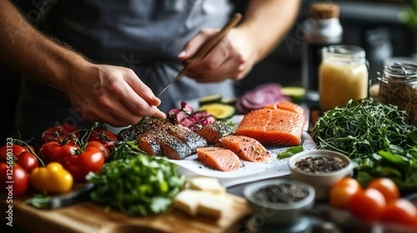 Fototapeta Nutritionist, close-up of diet plan with hands pointing to healthy food options