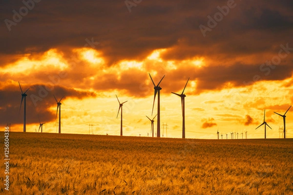 Obraz Wind turbines in the wheat plantation in the morning at sunrise 52