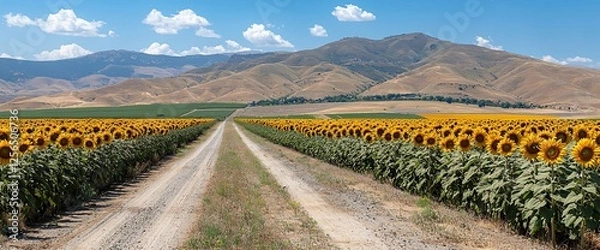 Fototapeta Dirt road through a vast sunflower field, mountains in the background under a sunny sky.