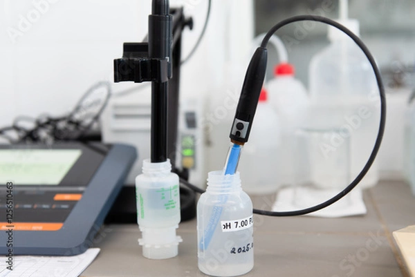 Fototapeta pH meter with glass electrode for measuring of pH in buffer solution. Analytical, chemistry laboratory. Laboratory equipment