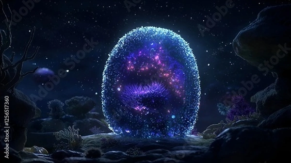 Fototapeta Glowing egg nebula in space, night landscape, magical scene, fantasy art, possible use for wallpaper, prints, books, games, movies