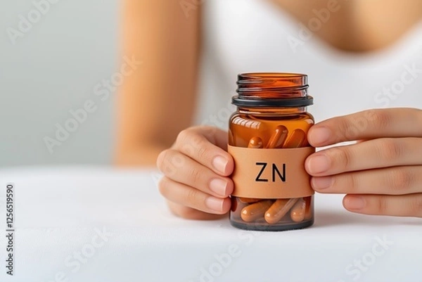 Fototapeta Close up of a woman holding a bottle of zinc supplements, emphasizing the importance of vitamins and minerals for maintaining good health and overall well being