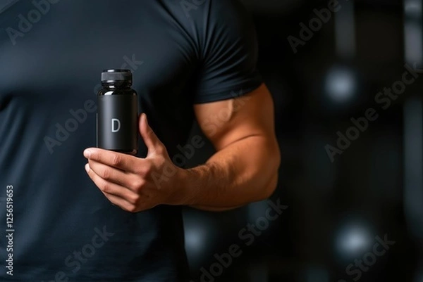 Fototapeta Muscular bodybuilder is holding a black bottle of vitamin d supplement, emphasizing the importance of vitamins and minerals for optimal health and performance in fitness training