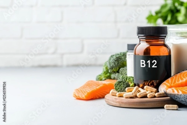 Fototapeta Displaying natural sources of vitamin b12, including salmon, broccoli, and nutritional yeast, alongside b12 supplements and capsules, promoting healthy living and nutrient intake