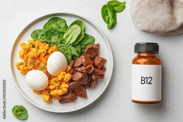 Fototapeta Healthy balanced meal featuring vitamin b12 rich ingredients like meat, eggs, and spinach, accompanied by a vitamin b12 supplement, arranged on a white table for a nutritious presentation