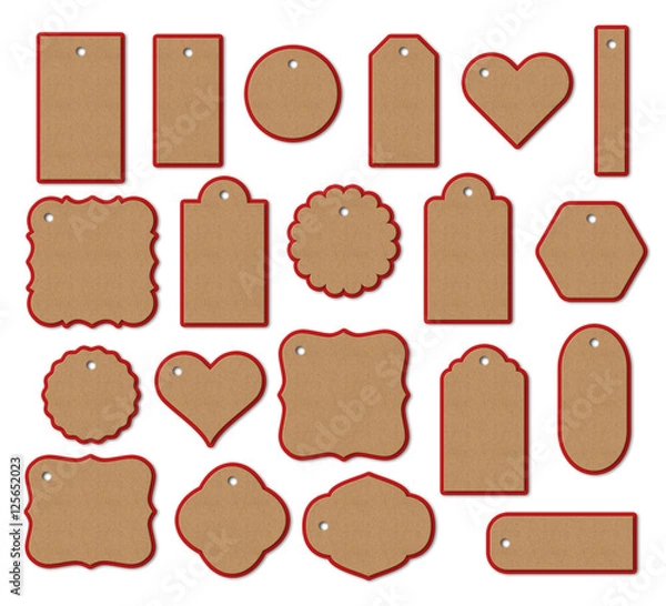Fototapeta Set of kraft paper tags, labels with red back.
