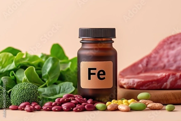 Fototapeta Promoting health through iron rich foods like spinach, red meat, beans, and broccoli, delivering essential nutrients vital for overall well being and combating deficiencies