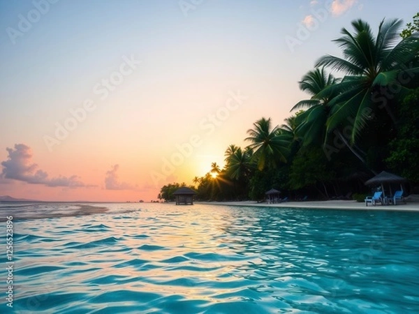 Fototapeta Spectacular sunset over a pristine tropical beach with crystal clear azure waters and lush palm trees, lush palm trees, serene