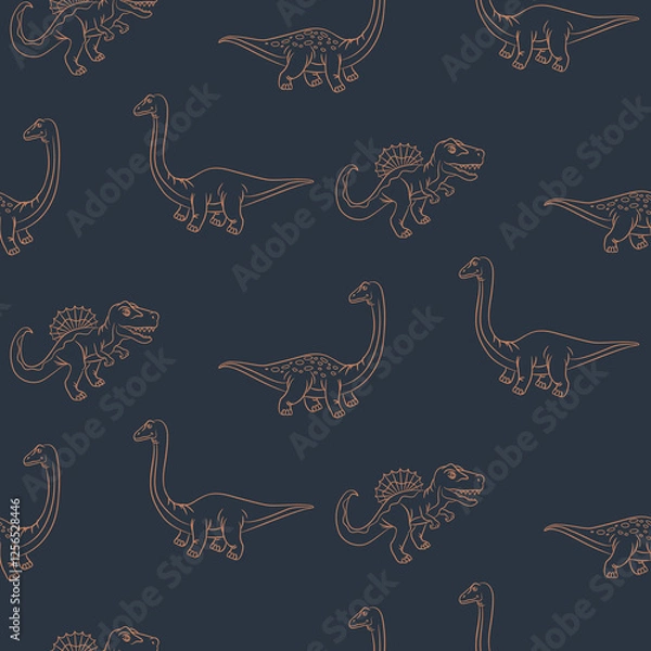 Obraz Dinosaur seamless pattern. Hand drawn vector dinosaurs for textile design. Dark blue background Tyrannosaurus Rex, Stegosaurus, Brachiosaurus, Triceratops outline animals for boys and teens clothing