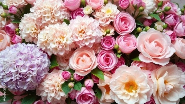 Obraz Vintage style artificial flowers wall background with lush, colorful blooms of roses, peonies, and hydrangeas in pastel tones, background, peonies