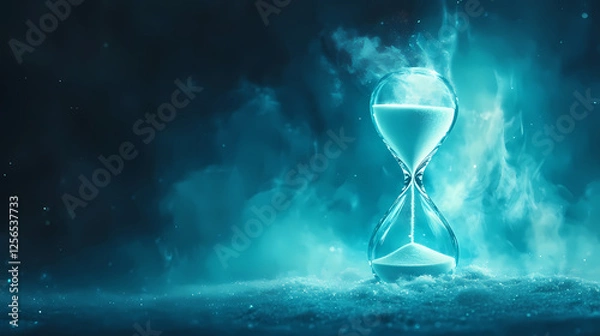 Fototapeta Elegant crystal hourglass suspended in serene aquamarine void sand particles frozen midfall soft ambient light minimalist composition time concept visualization. Frozen Time. Illustration