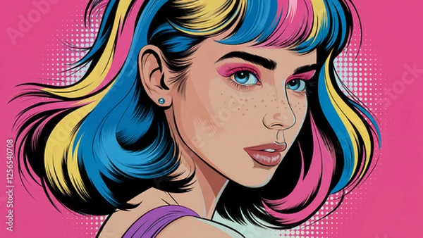 Obraz Bright pop art portrait of a young woman with bright multicolored hair making eye contact from behind, pink background