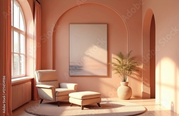 Fototapeta 3D interior design illustration of peach room decor with armchair. Home interior with painting, curtain, elegant arch, comfortable rug. Stylish rendering of cosy, sunlight filled living room.