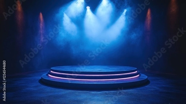 Fototapeta A dramatic stage setup with vibrant blue lighting and smoke effects, ideal for performances or events