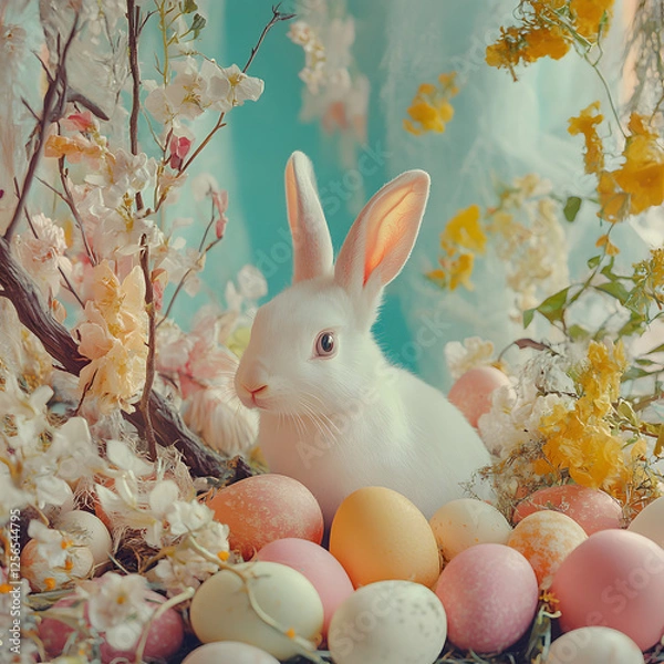 Obraz Easter-themed, pastel colors, a white bunny surrounded by colorful eggs and spring flowers, soft-focus background, vintage style.