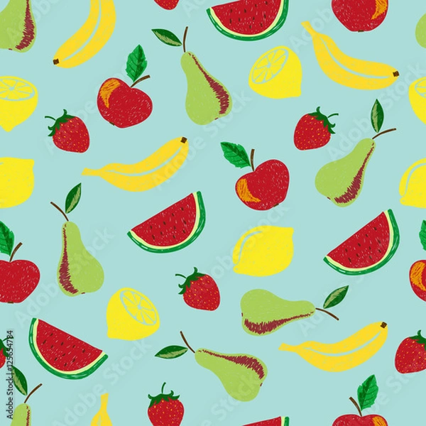Fototapeta Colorful doodle fruits seamless pattern. Vector fruit background