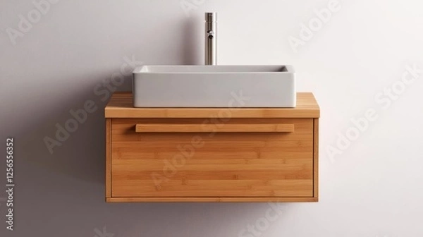 Fototapeta Bamboo floating vanity with a ceramic vessel sink and sustainable design