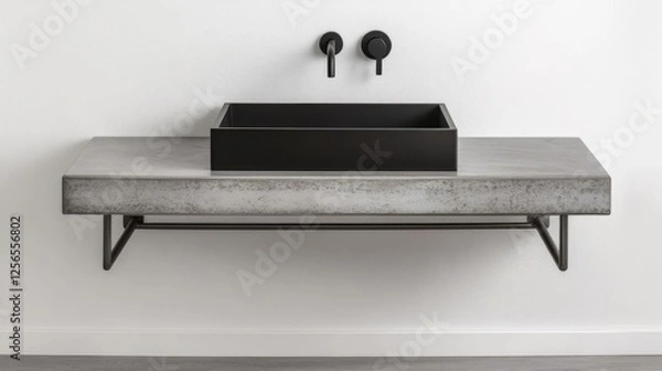 Fototapeta Concrete floating vanity with a matte black sink and exposed metal brackets