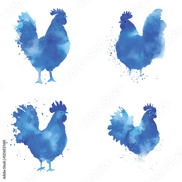 Obraz Rooster watercolor hand drawn set