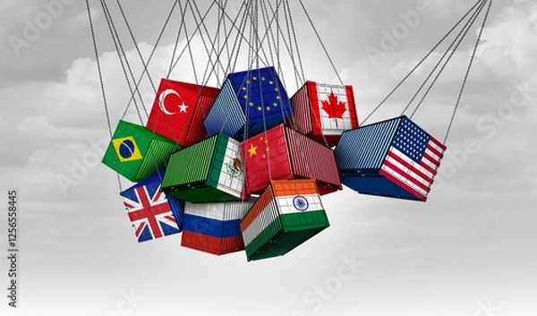 Obraz US Global Trade War and USA versus China India Canada and European union  as American tariffs with opposing cargo freight containers in conflict as an economic dispute over import and exports.