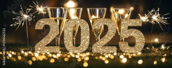 Fototapeta Sparkling celebration: welcoming 2025 with lights, bubbles, and fireworks