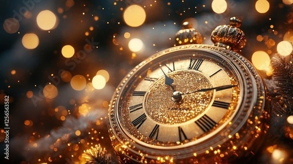 Fototapeta Golden vintage clock surrounded by sparkling lights, creating a festive atmosphere for celebration