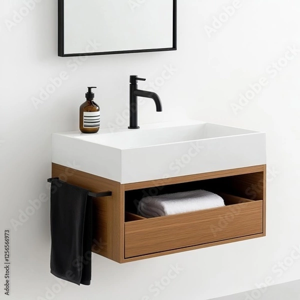 Fototapeta Floating vanity with retractable compartments for flexible storage solutions