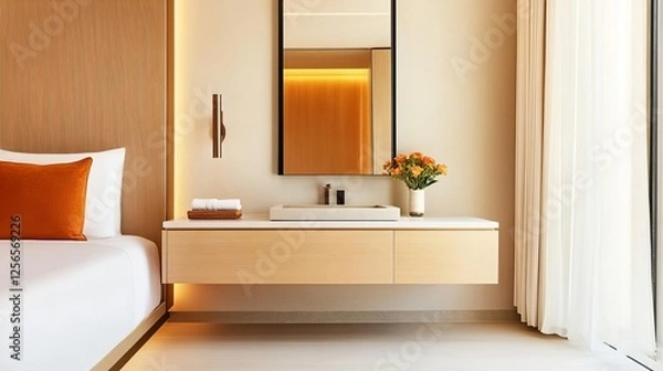 Fototapeta Modern floating vanity in a high-end Dubai hotel suite, luxurious and sophisticated