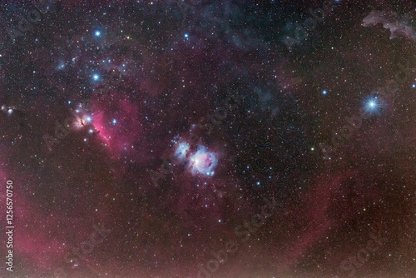 Fototapeta Orion constellation. The Milky Way with a telescope. The great orion nebula. Alnitak, alnilam and mintaka, the three wise men abstract space background