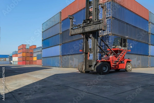 Obraz A forklift in a warehouse containing transport equipment and cargo containers