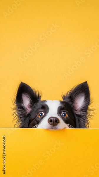 Obraz Border collie dog with alert ears on a cute yellow background, playful pet looking curious
