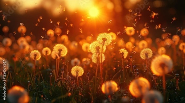 Fototapeta A serene field of dandelions illuminated by sunset, with bees buzzing around, creating a peaceful atmosphere