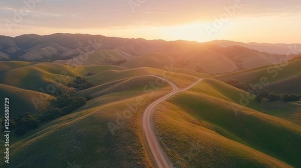 Fototapeta A narrow scenic road through rolling hills with shared lane markings.