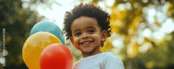 Fototapeta Smiling african child with colorful balloons in park